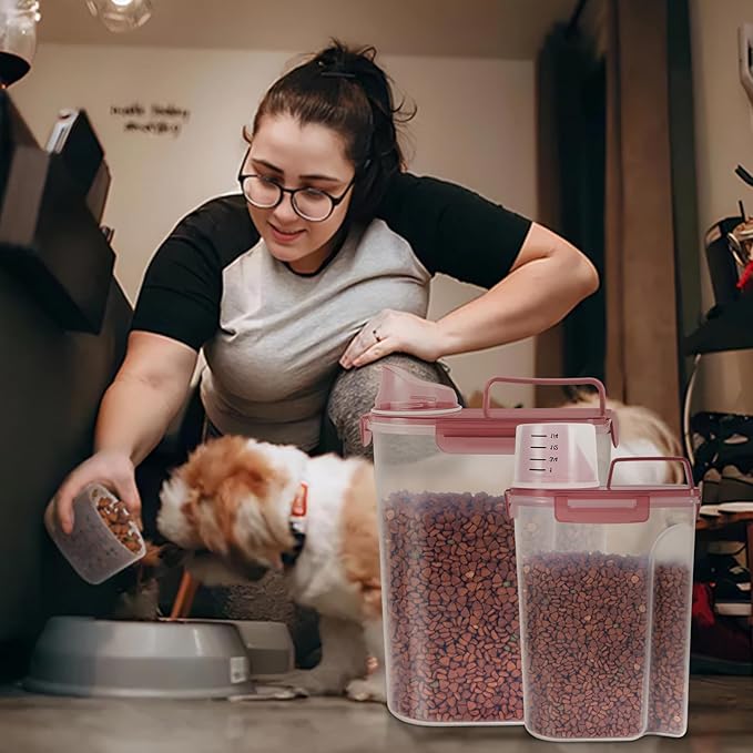 LEAWALK 5-7Lbs Dog Cat Food Storage Container with Upgraded Large Nozzle BPA-free, 4 Snap Seals Plastic Pet Food Storage Containers with Handles (Clear Pink, (5L+3L) 2pack)