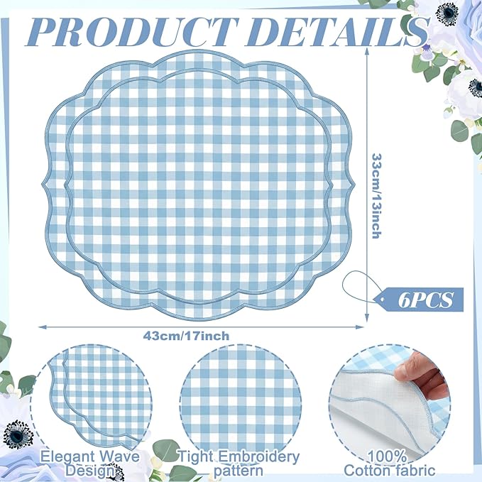 Breling Set of 6 Blue Gingham Placemats Scalloped Embroidered Cotton Linen Placemats 17" x 13" Double Layered Machine Washable Table Place Mat for Wedding Birthday Baby Shower Party Table Decor