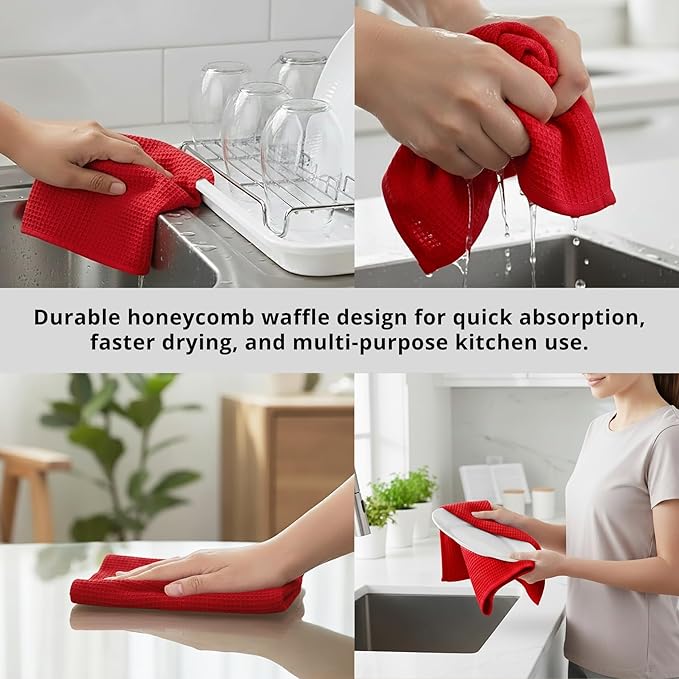 PurpleEssences Waffle Weave Kitchen Towel, 100% Cotton - 15x25 Inches with Hanging Loop, Ultra Soft Absorbent Quick Drying Dish Cloth, Tea and Hand Towels, 4 Pack - Spring Easter Summer - Red