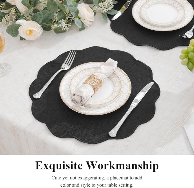 SHACOS Scalloped Round Placemats Set of 6 Polyester Linen Blend 15 inch Washable Non Slip Place Mats Easy Clean Heat Resistant Table Mats for Kitchen Dining Table Decor, Black