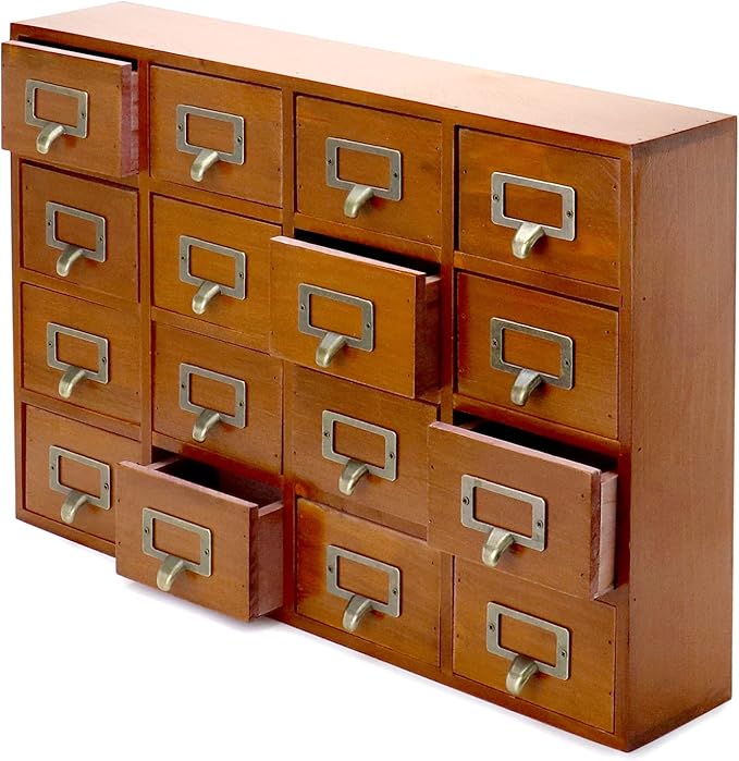 QWORK Desk Drawer Organizer, Wooden Vintage Apothecary Cabinet with 16 Drawers, Home Office & Tea & Dresser Bedroom Organization and Storage, Traditional Apothecary Cabinet, Brown