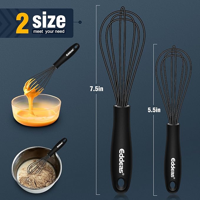 Eddeas Silicone Mini Whisk, Small whisks Non-Stick Tiny Whisks set of 2（5.5in & 7.5in）-Heat Resistant (450°F) Whisks, Balloon Egg Beater Perfect for Whisking, Beating, Mixing, Blending, Black