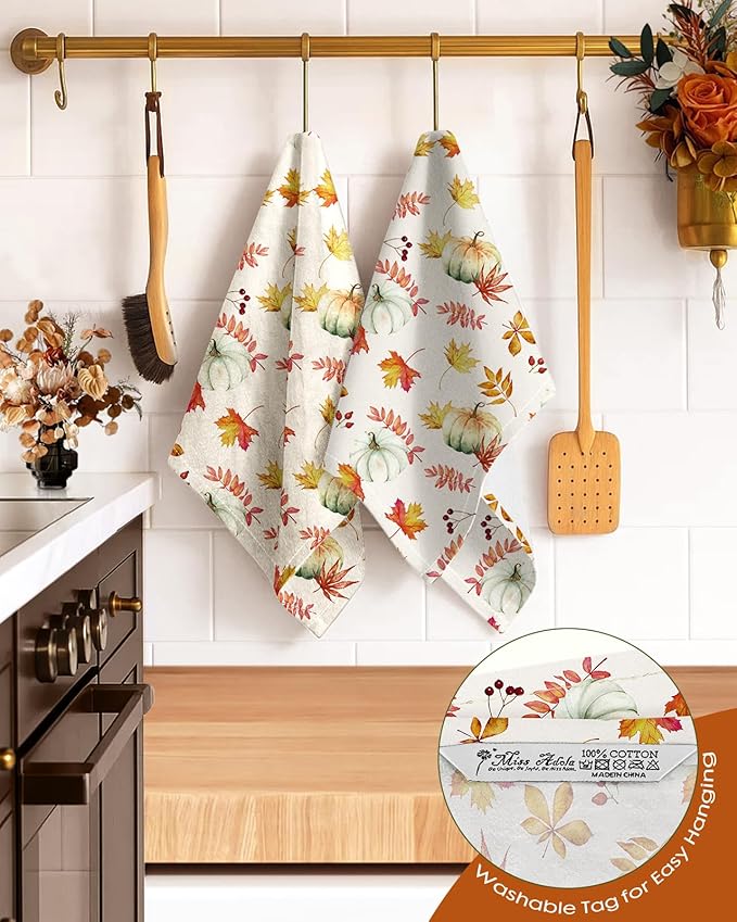 Miss Adola Flour Sack Kitchen Towels Set of 2-18x26 Inch Dish Towels with Hanging Loop Autumn Fall Absorbent Reusable Cotton Cloths for Cleaning Cute Design Home Decor Housewarming, Pumpkin Leaf