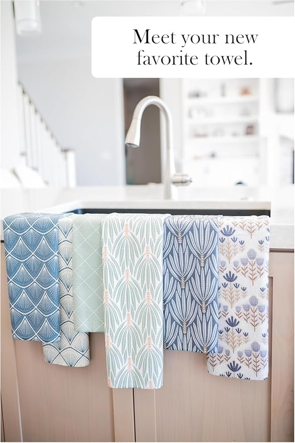 Premium Kitchen Tea Towel | Microfiber Waffle Weave | Quick Dry | Super Absorbent | Double-Sided Designer Prints | 2 Pack (Blue Blush)