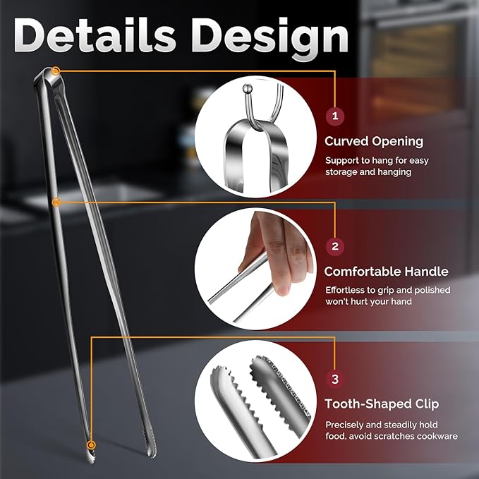 Precision Serrated Non-Slip Tips Cooking Tongs 2 Set (11.5" & 13.5"), 18/8 Stainless Steel Metal Tong, Light but Durable, Easily Control Kitchen Tweezer Tongs for Frying, Plating, BBQ