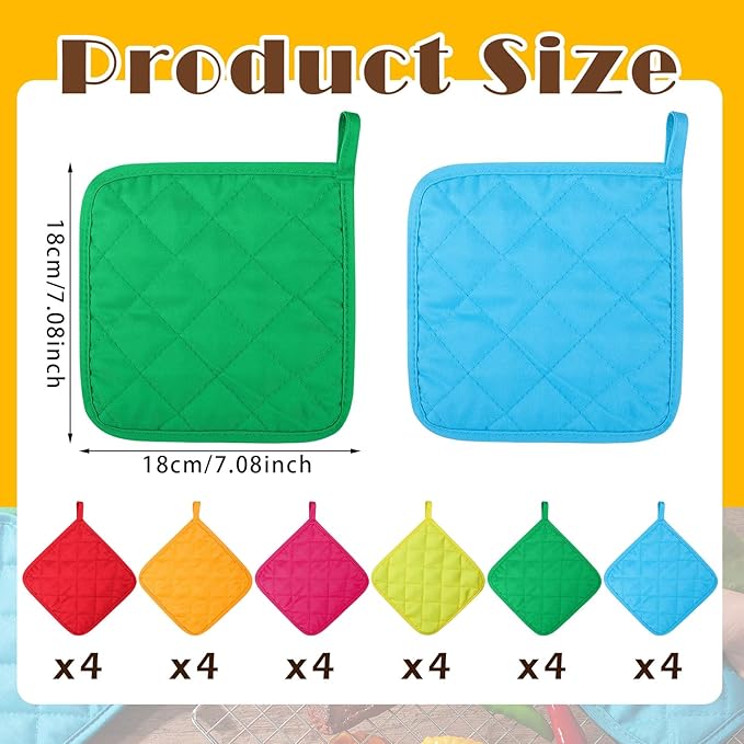 Bokon 24 Pcs Pot Holders for Kitchen, Multicolor Potholders Sets, Heat Resistant Cotton Hot Pad Oven Mitts Trivet with Hanging Loops for Baking Cooking