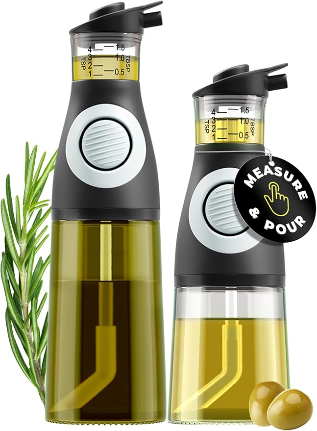 Oil and Vinegar Dispenser Set - Glass Olive Oil Cruet Bottles with Measuring Cup - Non-Drip Kitchen Dispenser for Cooking, Salad Dressing, and Meal Prep - 2 Dishwasher-Safe Containers