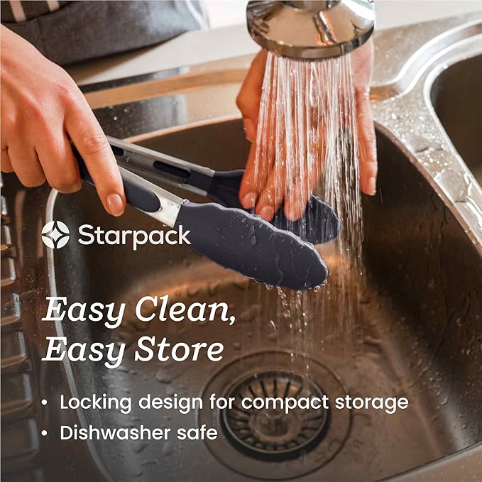 StarPack Premium Silicone Kitchen Tongs Set of 2 (9-Inch & 12-Inch) - Stainless Steel with Non-Stick Silicone Tips, High Heat Resistant to 480°F, For Cooking, Serving, Grill, BBQ & Salad (Stormy Grey)