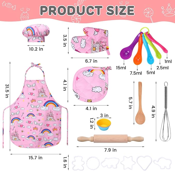 Kids Cooking and Baking Chef Set, 2 Pcs Apron (Pink Green) Chef Hat Accessories Complete Cooking Set, Dress Up Pretend Play Career Role Play Costume Toys Thanksgiving for Boys Girls