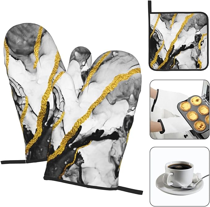 Black White Marble with Gold Stripes Oven Mitts and Pot Holders Set of 3, Non-Slip Heat Resistant Modern Abstract Art Hot Pads Kitchen Gloves for Cooking Grilling Baking, Gifts for Women, Home Decor
