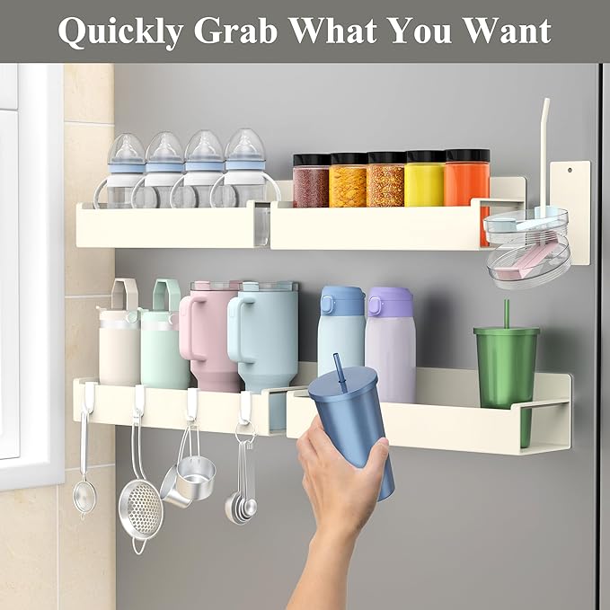 HuggieGems Magnetic Water Bottle Holder for Refrigerator, Cup Holder Organizer for Stanley and Tumbler for Kitchen, 4 Pack, Cream White