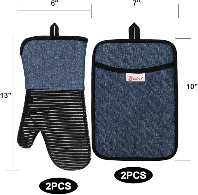 Yutat Oven Mitts, Pot Holders Set of 4 Made with Pure Cotton and Food Grade Non-Slip Silicone - 500 F Heat Resistant Oven Mitts and Pot Holders Sets for Kitchen Cooking (4pcs Set, Black and Denim)