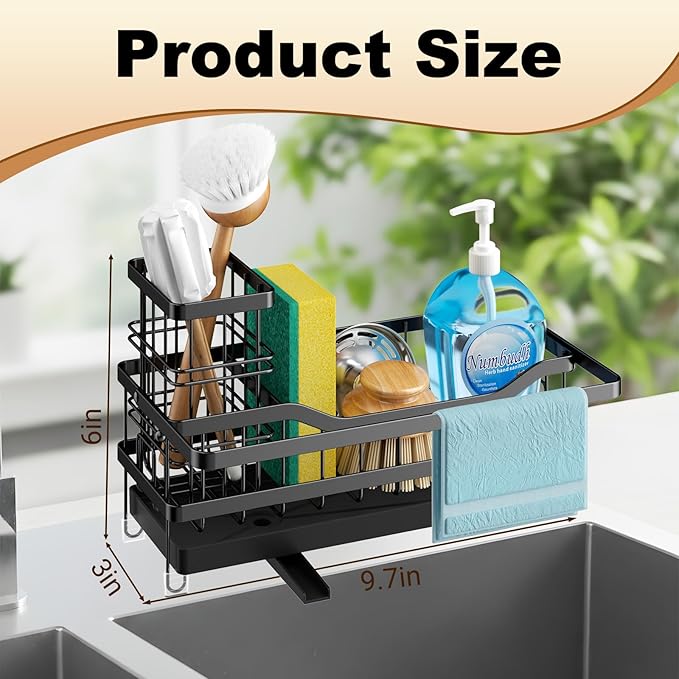 Sponge Holder for Kitchen Sink, Self-draining Sink Organizer with Towel Rack and Brush Holder, Metal Kitchen Sink Organizer for Countertop, Black