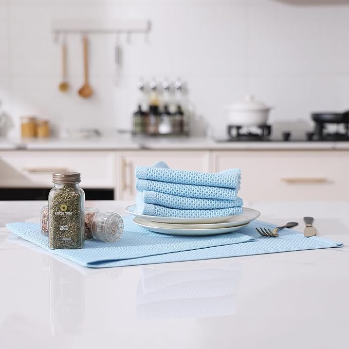 Kitinjoy 100% Cotton Waffle Weave Kitchen Hand Towels (13 X 28 Inches, Sky Blue), 4-Pack Super Soft and Absorbent Dish Towel for Drying Dishes