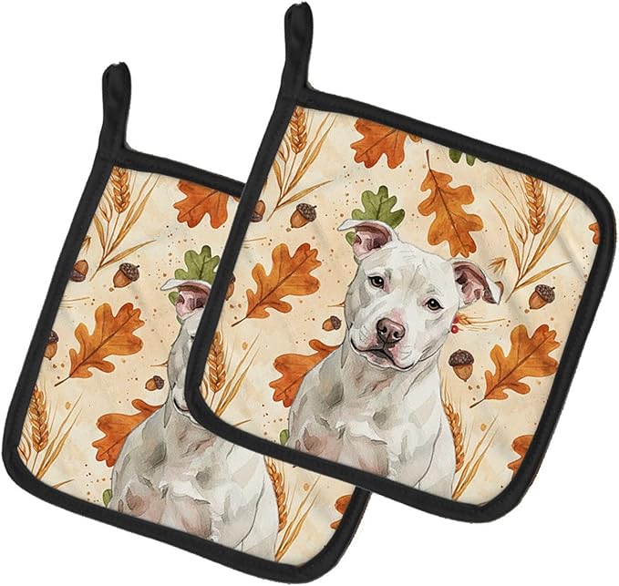 Caroline's Treasures White Staffordshire Bull Terrier Heirloom Fall Pair of Pot Holders Pair 7.5x7.5 Quilted Insulated Hot Pads Decorative Kitchen Gift Made in USA