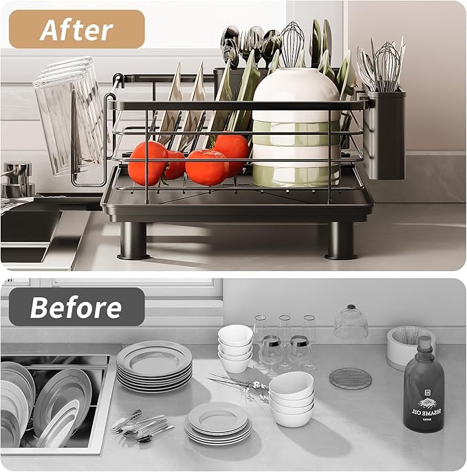PureBox Dish Drying Rack, Rustproof Stainless Steel Kitchen Counter Organizer with Cup Holder, Utensil Caddy & Drainer Board, Space Saving, Black