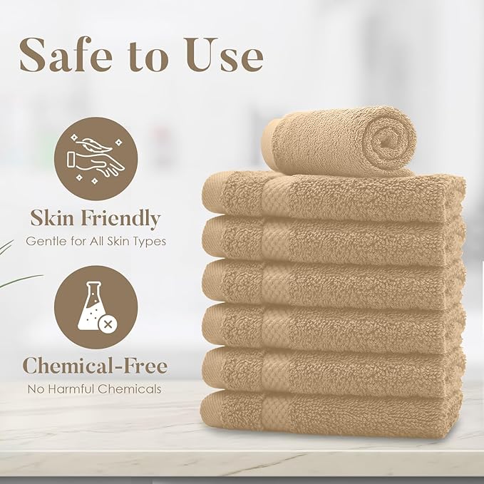 DAN RIVER 12-Pack Premium 100% Cotton Tan Face Towels for Bathroom - Reusable Face Wash Cloths for Showering 12x12 Inches - 550 GSM Super Soft & Absorbent Luxury WashCloths for Body, Spa & Gym