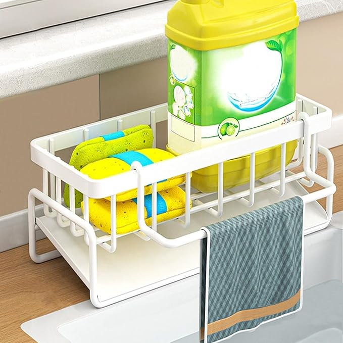 Sponge Holder for Kitchen Sink with Rag Holder, Kitchen Countertop Organizers and Storage Essentials, Rustproof Carbon Steel, Soap Dispenser Organize (White)