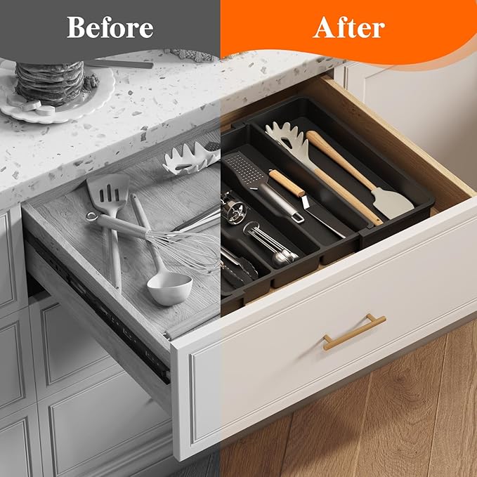 Lifewit Utensil Organizer, Adjustable Kitchen Drawer Organizer, Expandable Cooking Utensil and Cutlery Tray, Plastic Divider Holder Black 11.4-19.8" x 14.5"