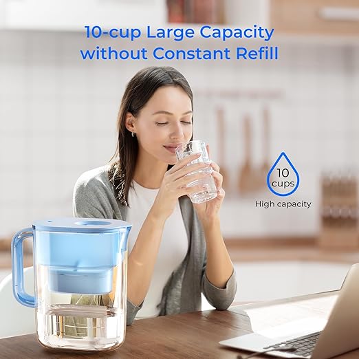 Waterdrop Water Filter Pitcher with 1 Filter, 200-Gallon Long-Life, 10-Cup Large Water Filter Pitcher, Improved Coffee & Tea Taste, NSF Certified, 5X Times Lifetime, Reduces PFOA/PFOS, Chlorine, Blue