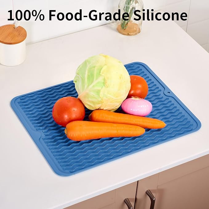 ZLR Silicone Dish Drying Mat & Heat Resistant Trivet (12" x 16") - Waterproof Counter Protector for Air Fryer, Coffee Maker - Non-Slip, BPA Free Kitchen Pad, Easy Clean Dishwasher Safe (Lichen Blue)