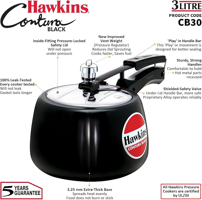 Hawkins 3 Litre Contura Black Pressure Cooker, Hard Anodised Inner Lid Cooker, Handi Cooker, Black (CB30)