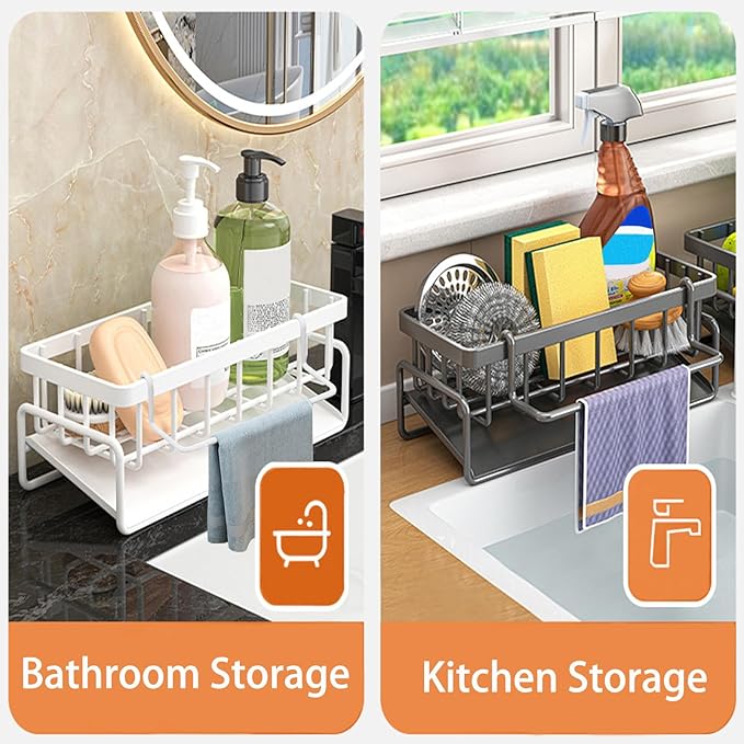 Sponge Holder for Kitchen Sink with Rag Holder, Kitchen Countertop Organizers and Storage Essentials, Rustproof Carbon Steel, Soap Dispenser Organize (White)