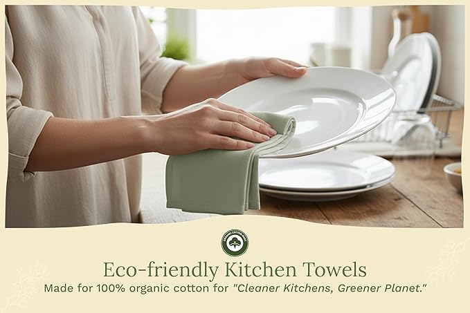 Organic Cotton Sage Flour Sack Kitchen Towels - 10 Pack, 27"x27", Highly Absorbent, Lint-Free Flour Sack Tea Towels for Baking, Kitchen and Dish Drying - 100% Cotton Sage Dish Rags (10 Pack)
