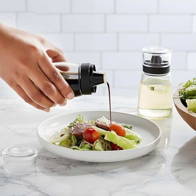 2 Pcs Oil and Vinegar Dispenser Set, 5.4 oz Olive Oil Bottle with No Drip Top, Glass Salad Dressing Cruet Bottles Soy Sauce Dispenser Leakproof Container for Kitchen Cooking Dressing