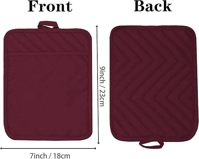 Oven Pot Holder with Pocket Cotton Heat Resistant Coaster Potholder Kitchen Hot Pad Oven Mitts for Cooking Square 7"x9"Set of 5 (Burgundy red, 5)