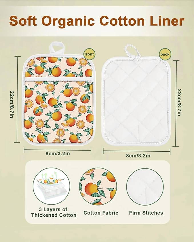 Swooflia 100% Cotton Pot Holders 2 Pack Set for Kitchen with Pockets - Cute 440°F Heat Resistant Oven Hot Pads Heavy Duty for Countertop Home Cooking Baking Microwave BBQ Orange