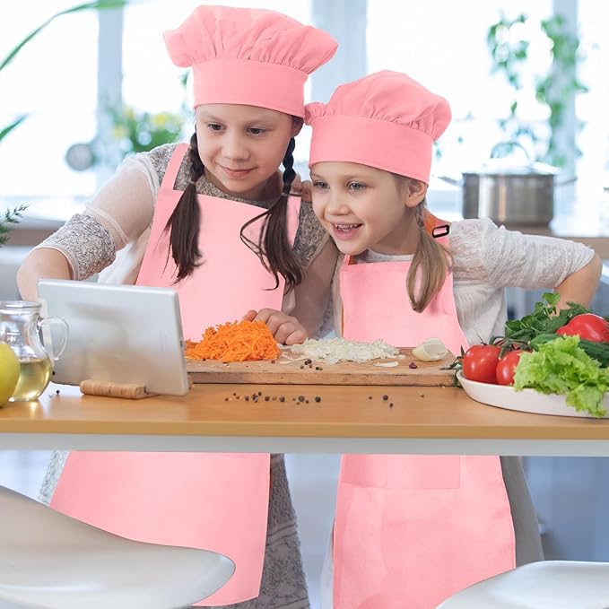 Kids Apron and Chef Hat Set Children Apron Adjustable with 2 Pockets Children Chef Painting for Cooking Baking