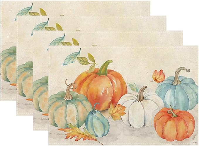 Fall Pumpkin Placemats 12x18 Inch Set of 4, Thanksgiving Watercolors Table Place Mat Maple Leaves Autumn Harvest Washable Table Mats Decorative Linen Fabric Table Mat for Dining Table