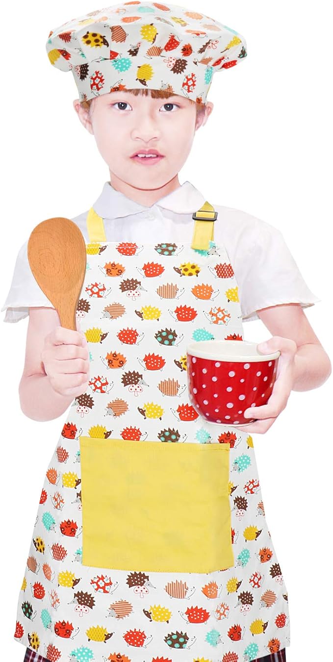 Jennice House Kids Apron and Chef Hat Set, Cute Children Baking Aprons for Cooking Baby Baking Aprons