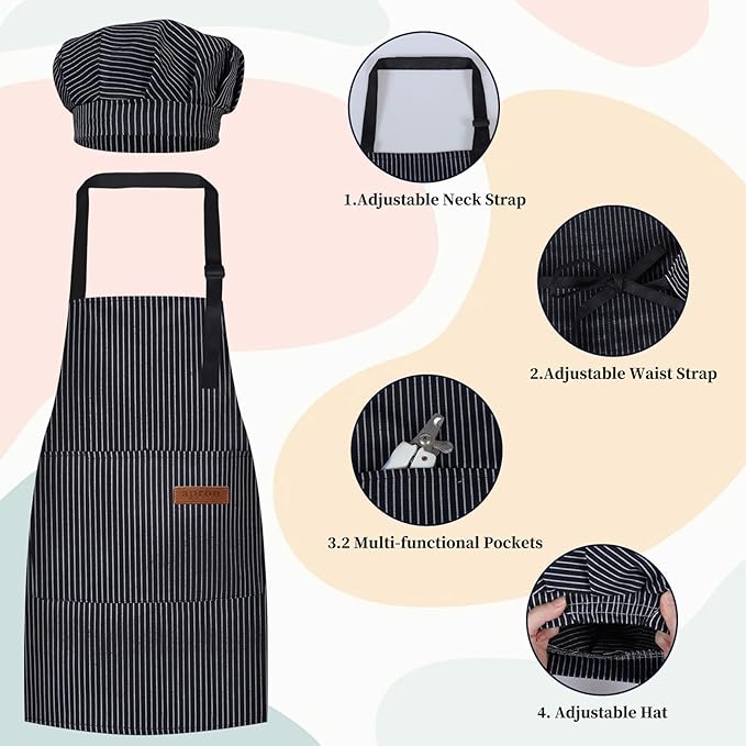 2 Pack Kids Chef Set, Striped Apron & Hat with Pockets, Adjustable Baking Smock for Boys & Girls