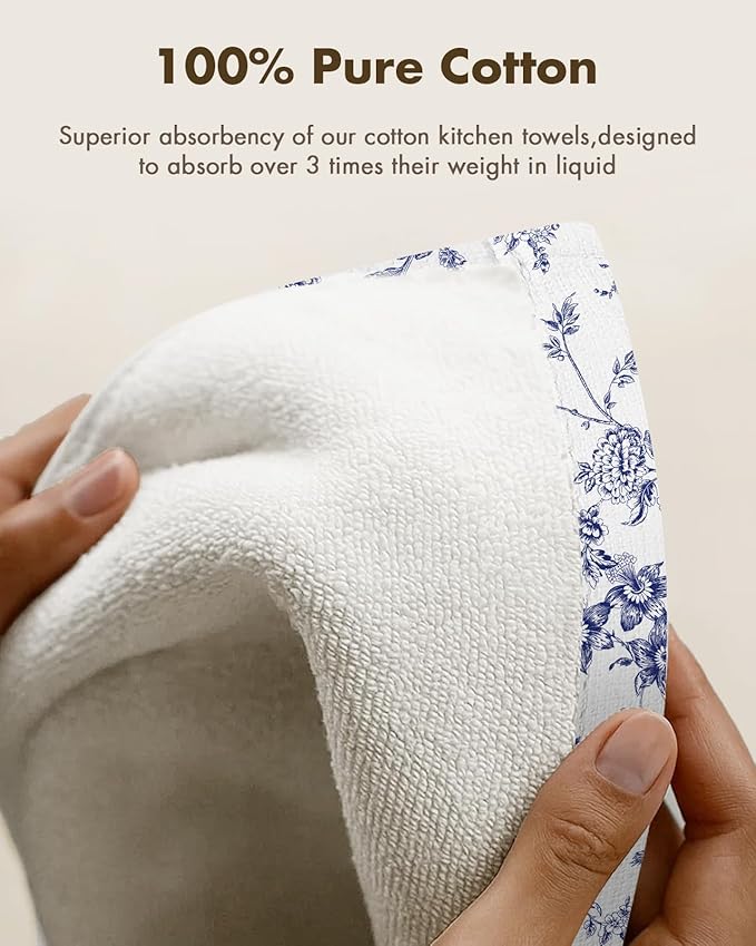 Miss Adola 2pcs Waffle Kitchen Towels - 16x26 Inch Cotton Waffle Weave Dish Cloths Set of 2 with Hanging Loop Absorbent Hand Tea Towels French Country Design for Housewarming Gift, Toile Print