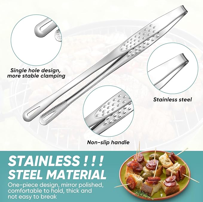 meekoo 6 Pcs 7.8 Inches Stainless Steel Korean BBQ Grill Tongs Japanese Barbecue Tongs for Cooking Portable Kitchenware Home Outdoor Steak Salad Food