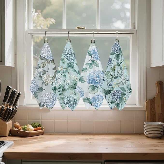 4 Pcs Artistic Blue Hydrangea Kitchen Towels, Elegant Decorative Absorbent Microfiber Dish Cloth Tea Towel, Durable Hand Towels for Farmhouse Home Bathroom, Housewarming Gifts