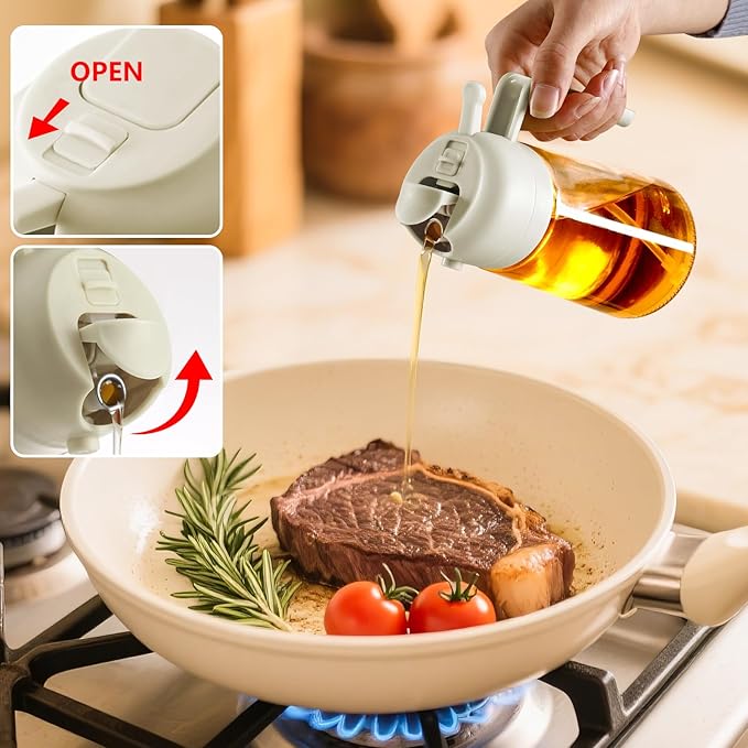 SWEET VIEW Oil Sprayer for Cooking, 16oz/470ml Glass Oil Dispenser/Pour Bottle, Kitchen Accessories, Kitchen Gadgets for Air Fryer, Salad, BBQ, with Stickers (White)