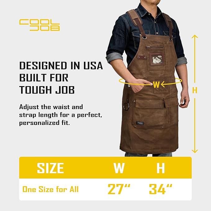 COOLJOB 16oz Waxed Canvas Work Apron with Tape Holder, Deep Pockets and Adjustable Strap, Men's Oversized Shop Apron