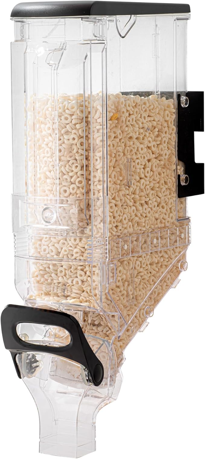 Restaurantware Cereal Dispenser 5 gal Plastic Wall-Mounted Gravity Bin Candy Dispenser Self-Serve Black Dry Food with Wall Mount Brackets for Breakfast Buffet or Hotel Use
