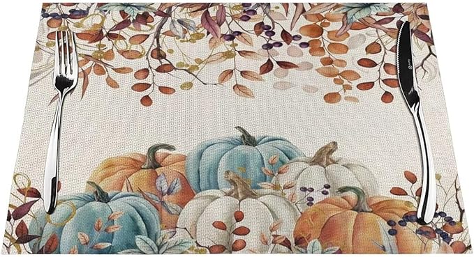 Fall Harvest Placemats 12x18 Inch Set of 4, Thanksgiving Pumpkin Table Place Mat Autumn Maple Leaves Washable Table Mats Decorative Linen Fabric Table Mat for Dining Table