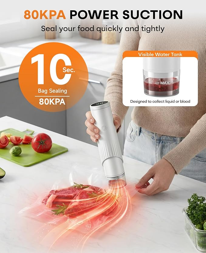 1800mAh Compact Vacuum Sealer for Food, 80kPa Powerful Handheld Vacuum Sealer Machine with 30 Reusable Bags, LCD-Display, Visible Water Tank, Portable Cordless Food Sealer for Meal Prep