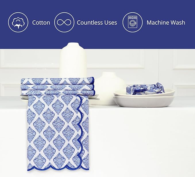 PurpleEssences Scalloped Embroidery Cloth Napkins - Spring Easter Summer - Table Decor - 100% Cotton - Set of 4-18x18 inch - Floral Paisley Edges - Blue