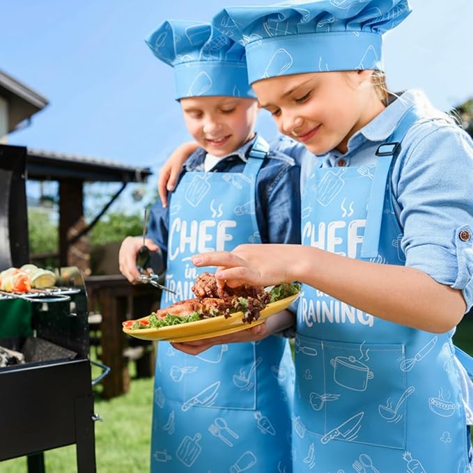 Kids Apron and Chef Hat Set, Funny Apron with 2 Pockets, Adjustable Kids Aprons for Cooking for Boys and Girls