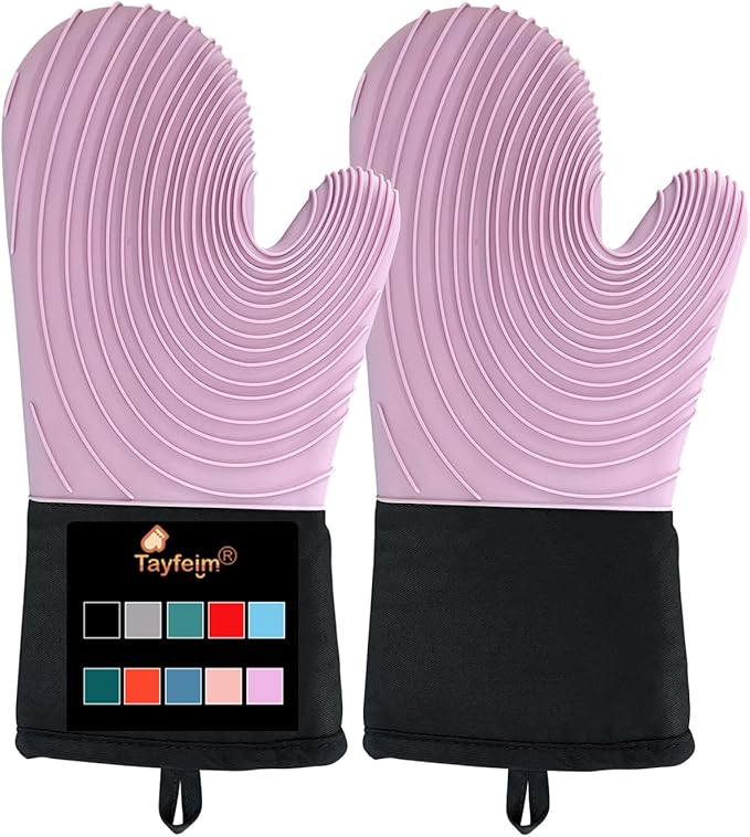 Silicone Oven Mitts-13.6 in Extended Oven Mitts Heat Resistant 500F, Oven Gloves with Soft Liner Good Grippy BPA-Free Easy to Clean Flexible-Oven Mits Set for Cooking Baking Grilling BBQ