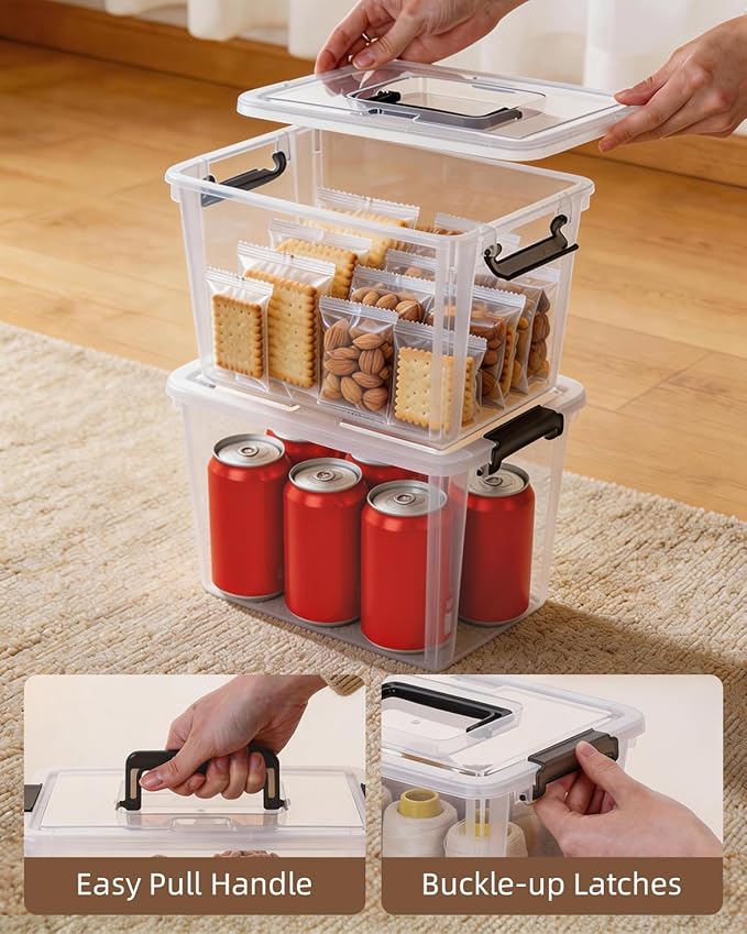 Citylife 8 Packs 6 QT Plastic Storage Bins with Latching Lids Clear Storage Box with handle Stackable Storage Containers for Organizing Snacks, Crafts, Toys, Tools