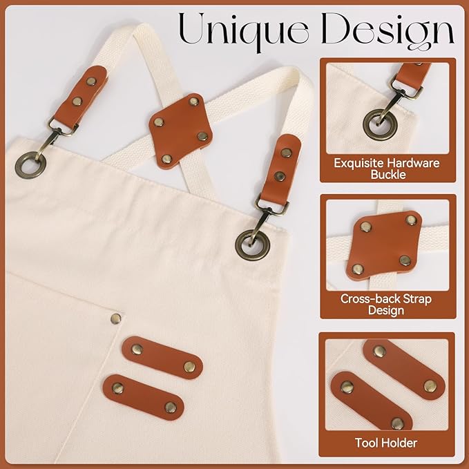 Chef Aprons for Men Women with Large Pockets, Cotton Canvas Water Repellent Kitchen Apron for Cooking