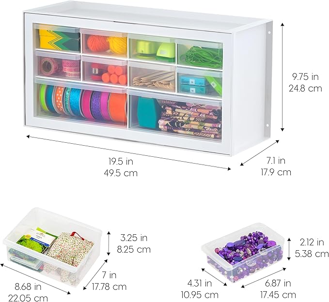 IRIS USA Small Plastic Storage Drawers, Made in USA, 10-Drawer Organizer (2 Pack), Stackable Teacher Toolbox for Crafts, Beads, Screws, Building Bricks, Drink Mix & Water Flavor Packets – White