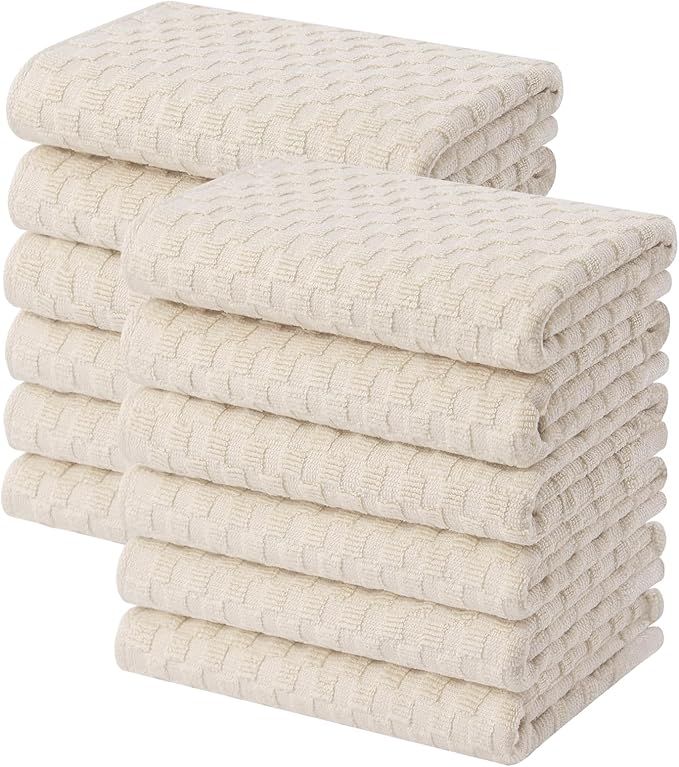 Homaxy 100% Cotton Terry Kitchen Towels(15" x 25", 12 Pack), Soft and Super Absorbent Dish Towels, 380 GSM Reusable Tea Towel with Hanging Loop, Pineapple Grid Designed, Beige